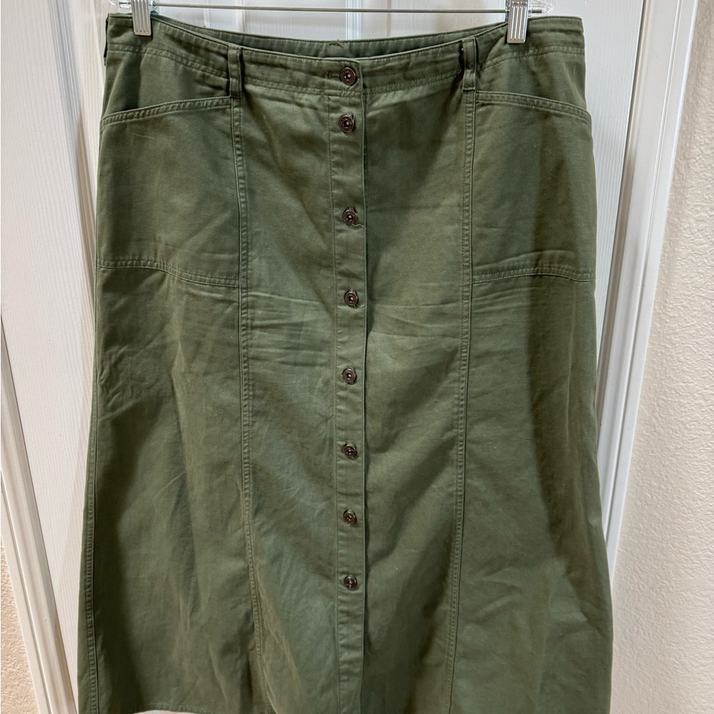 Lauren Ralph Lauren Olive Green Button-Front Midi Skirt